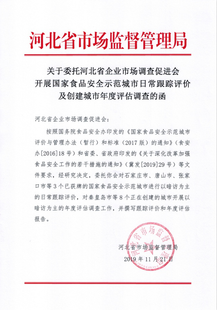 河北省市场监督管理局委托本会国家食品安全示范城市调查(图1)
